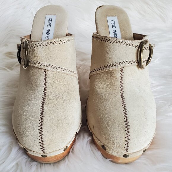 Steve Madden Faris Suede Studded Clogs Mules Wooden Heels SZ 8 - Picture 4 of 13